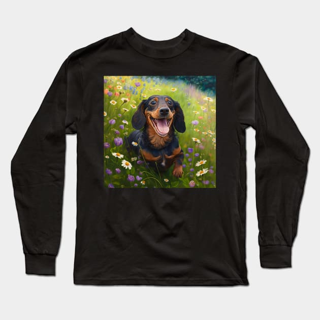 Wildflowers and Dachshund Impressionist Art Print Long Sleeve T-Shirt by TheArtfulAllie